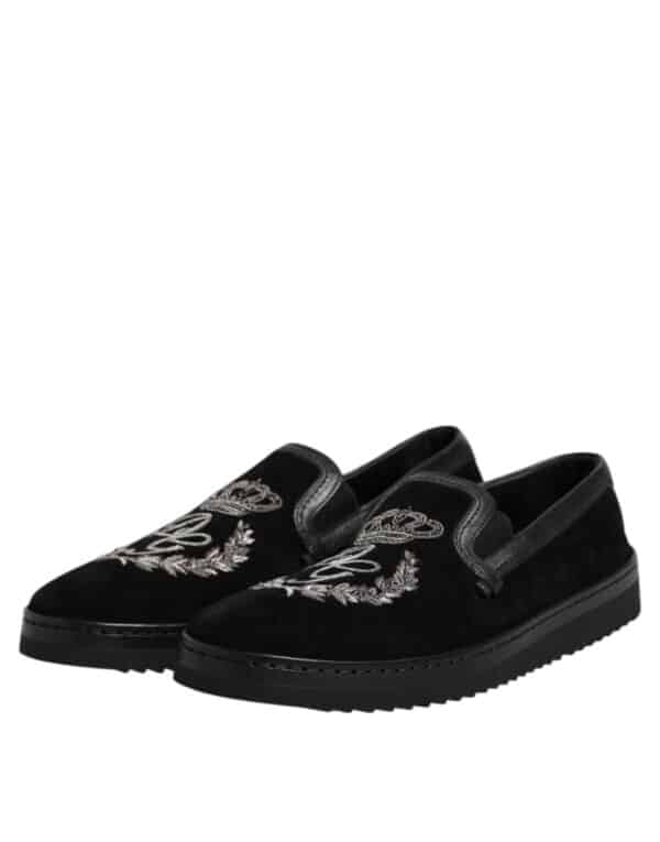 Dolce & Gabbana Black Embroidered Crown Loafers Shoes – Image 4