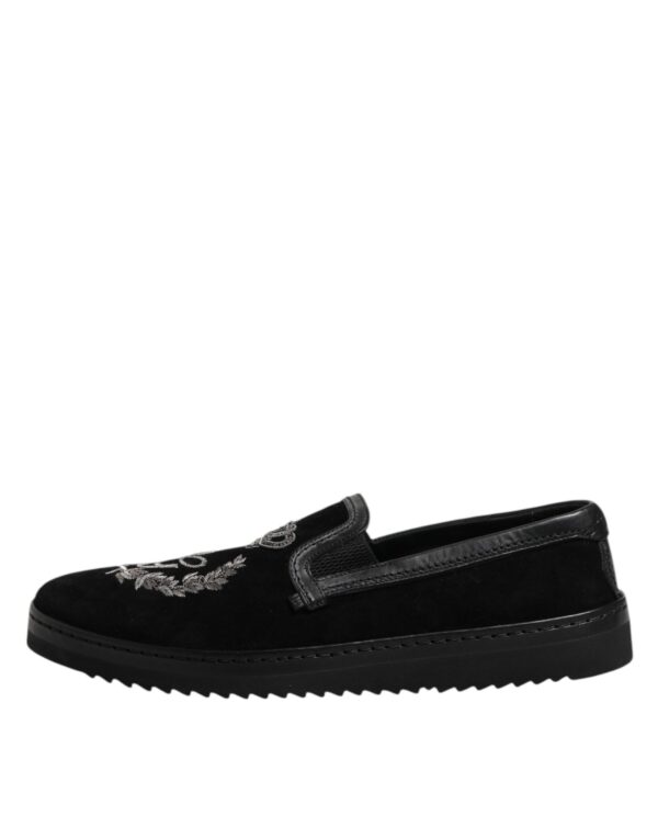 Dolce & Gabbana Black Embroidered Crown Loafers Shoes – Image 6