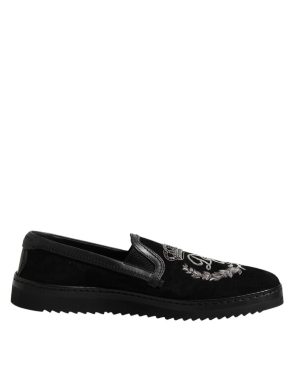 Dolce & Gabbana Black Embroidered Crown Loafers Shoes – Image 7