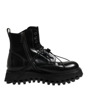 Dolce & Gabbana Black Leather Logo Ankle Boots Lace Up Shoes