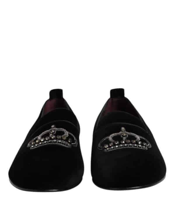 Dolce & Gabbana Black Velvet Crystal Crown Loafers Dress Shoes – Image 2