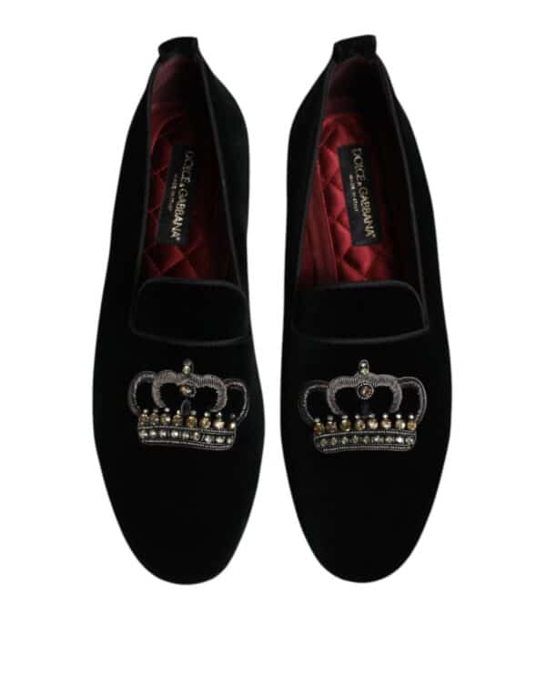 Dolce & Gabbana Black Velvet Crystal Crown Loafers Dress Shoes – Image 3