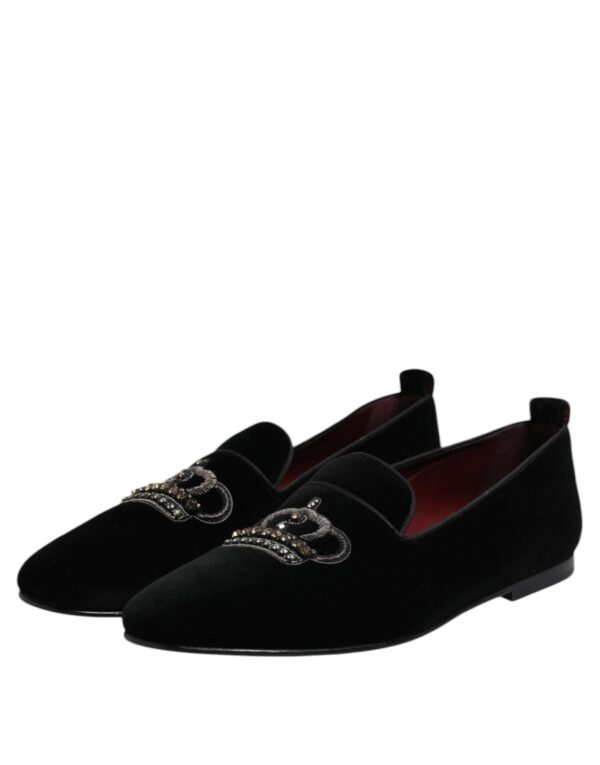 Dolce & Gabbana Black Velvet Crystal Crown Loafers Dress Shoes – Image 4