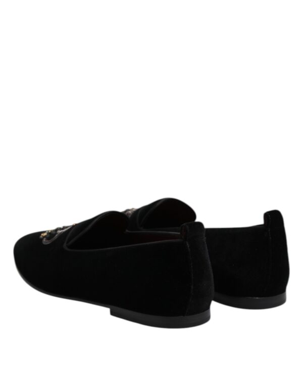 Dolce & Gabbana Black Velvet Crystal Crown Loafers Dress Shoes – Image 5