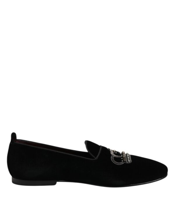 Dolce & Gabbana Black Velvet Crystal Crown Loafers Dress Shoes – Image 7