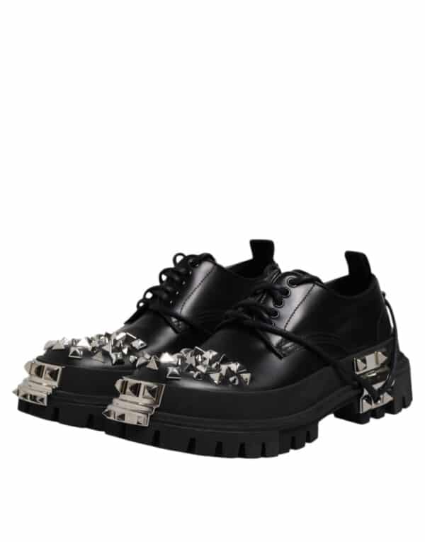 Dolce & Gabbana Black Leather Embellished Trekking Derby Shoes – Image 4