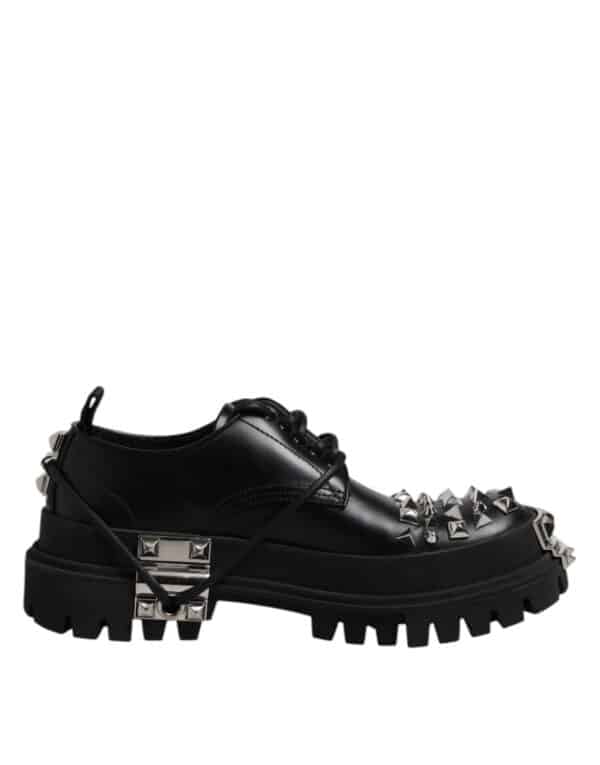 Dolce & Gabbana Black Leather Embellished Trekking Derby Shoes – Image 7