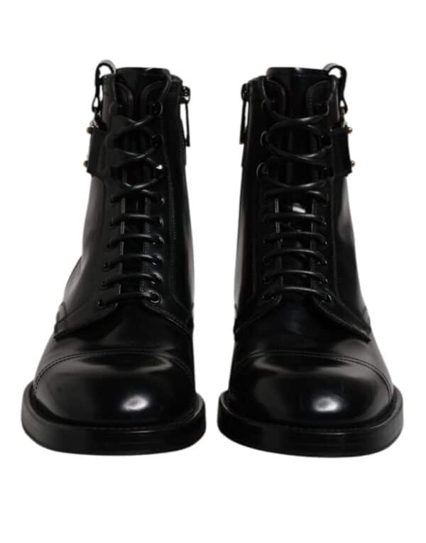 Dolce & Gabbana Black Leather Mid Calf Boots Lace Up Shoes – Image 2