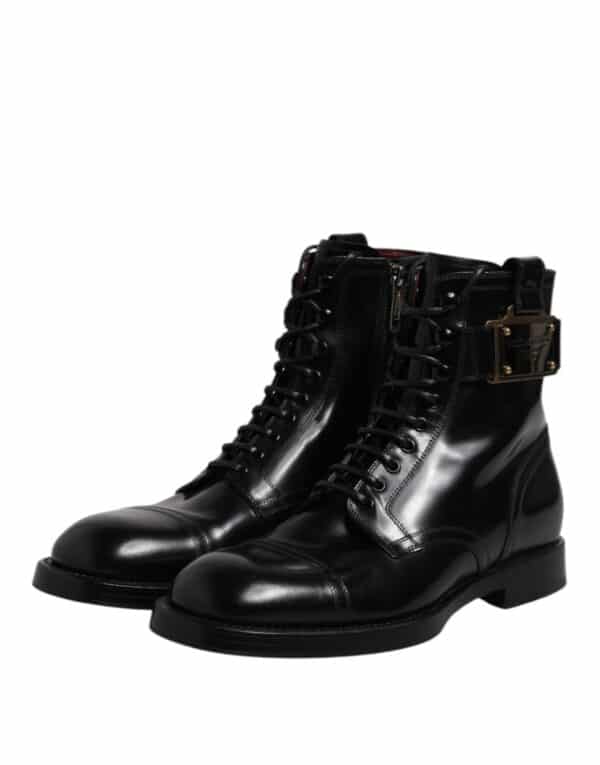 Dolce & Gabbana Black Leather Mid Calf Boots Lace Up Shoes – Image 4