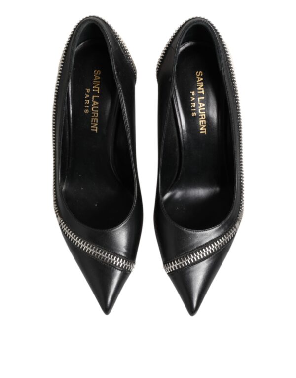 Saint Laurent White Black Leather Pointed Toe Heels Shoes – Image 3