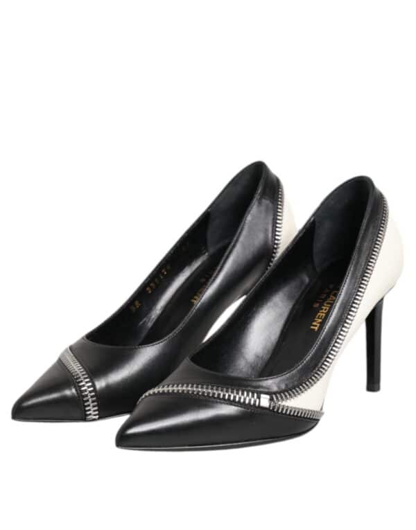 Saint Laurent White Black Leather Pointed Toe Heels Shoes – Image 4