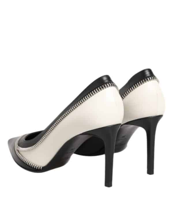 Saint Laurent White Black Leather Pointed Toe Heels Shoes – Image 5