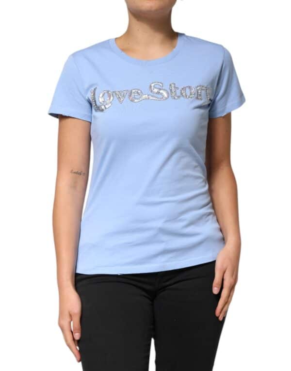 T-shirt bleu avec inscription Love Story en strass.