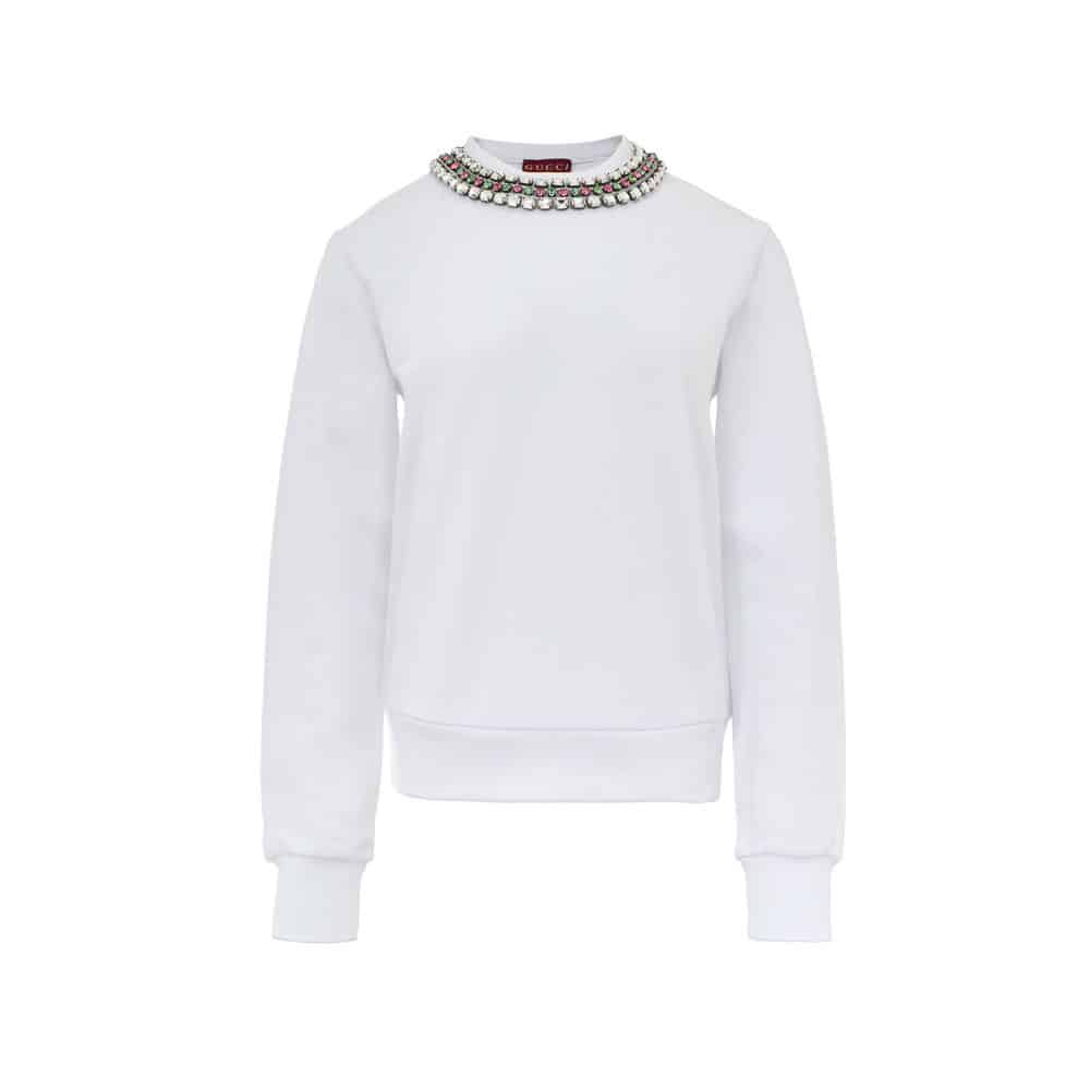 Sweatshirt blanc avec col orné de cristaux
