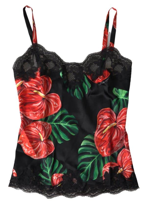 Dolce & Gabbana Black Anthurium Print Silk Camisole Top Underwear