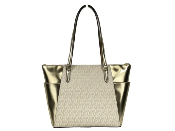 Michael Kors Charlotte Large Leather Top Zip Tote Bag Purse Gold – Image 4