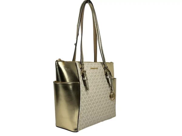 Michael Kors Charlotte Large Leather Top Zip Tote Bag Purse Gold – Image 3