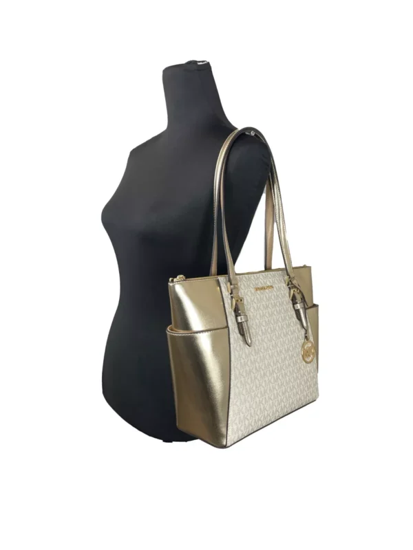 Michael Kors Charlotte Large Leather Top Zip Tote Bag Purse Gold – Image 2