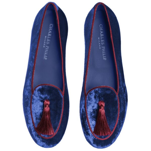Charles Philip Blue Velvet Flat Shoe – Image 3