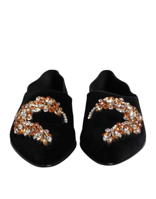 Dolce & Gabbana Black Velvet Embellished Loafer Slip On Shoes – Image 2