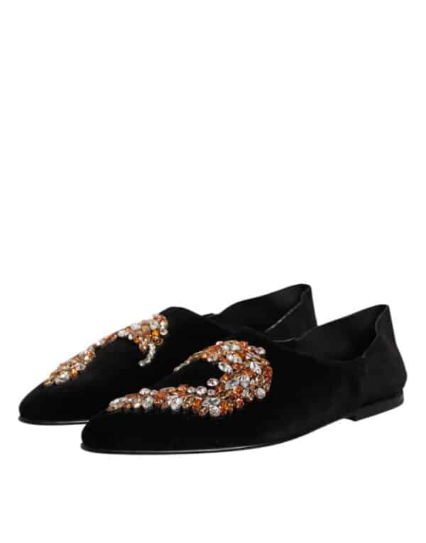 Dolce & Gabbana Black Velvet Embellished Loafer Slip On Shoes – Image 4
