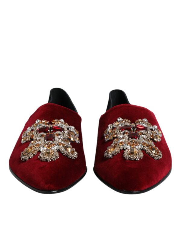 Dolce & Gabbana Black Red Velvet Embellished Slip On Shoes – Image 2
