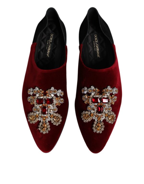 Dolce & Gabbana Black Red Velvet Embellished Slip On Shoes – Image 3
