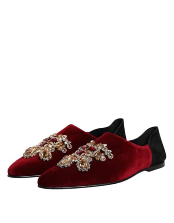 Dolce & Gabbana Black Red Velvet Embellished Slip On Shoes – Image 4