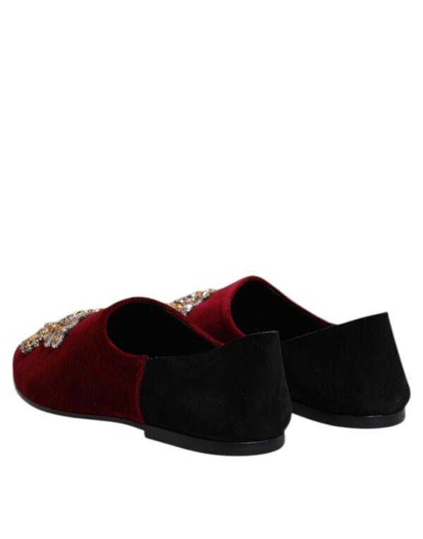 Dolce & Gabbana Black Red Velvet Embellished Slip On Shoes – Image 5