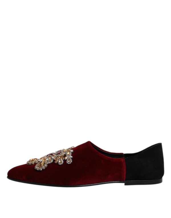 Dolce & Gabbana Black Red Velvet Embellished Slip On Shoes – Image 6