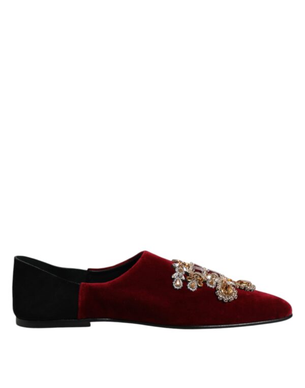 Dolce & Gabbana Black Red Velvet Embellished Slip On Shoes – Image 7