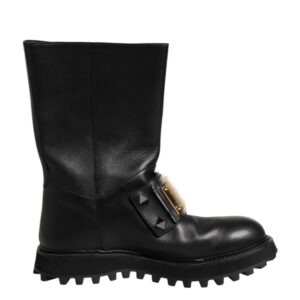 Dolce & Gabbana Black Leather DG Logo Plaque High Boots Shoes