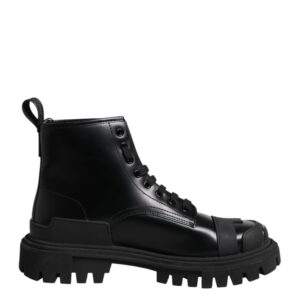 Dolce & Gabbana Black Leather Lace Up Mid Calf Boots Shoes