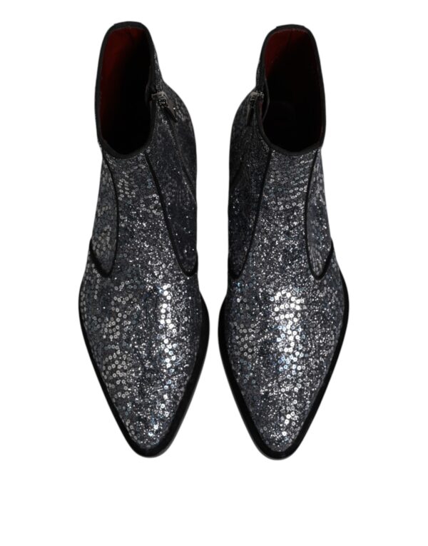 Dolce & Gabbana Dark Gray Cotton Sequined Chelsea Boots Shoes – Image 3