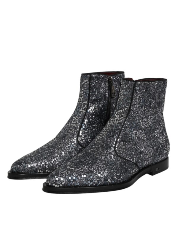 Dolce & Gabbana Dark Gray Cotton Sequined Chelsea Boots Shoes – Image 4