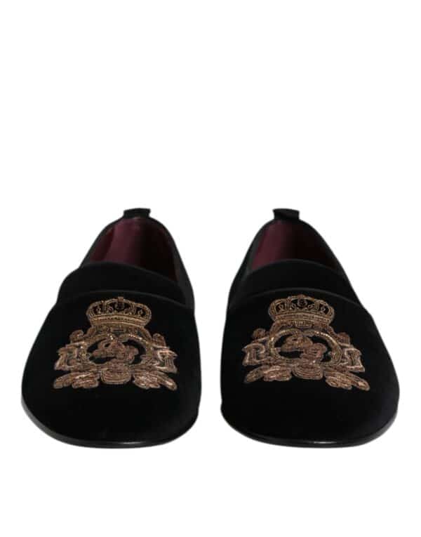 Dolce & Gabbana Black Velvet Gold Crown Mens Loafers Shoes – Image 2
