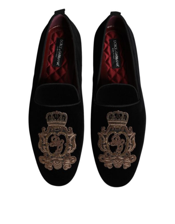 Dolce & Gabbana Black Velvet Gold Crown Mens Loafers Shoes – Image 3