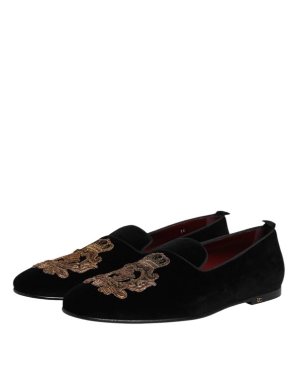 Dolce & Gabbana Black Velvet Gold Crown Mens Loafers Shoes – Image 4