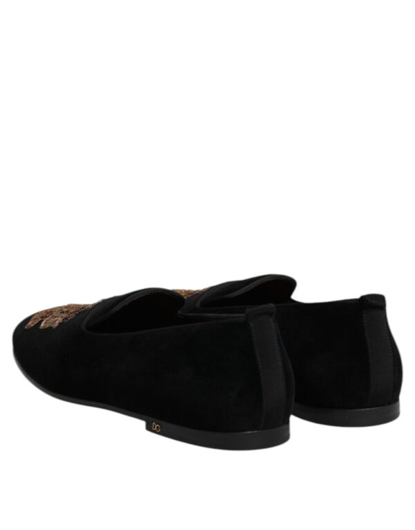 Dolce & Gabbana Black Velvet Gold Crown Mens Loafers Shoes – Image 5