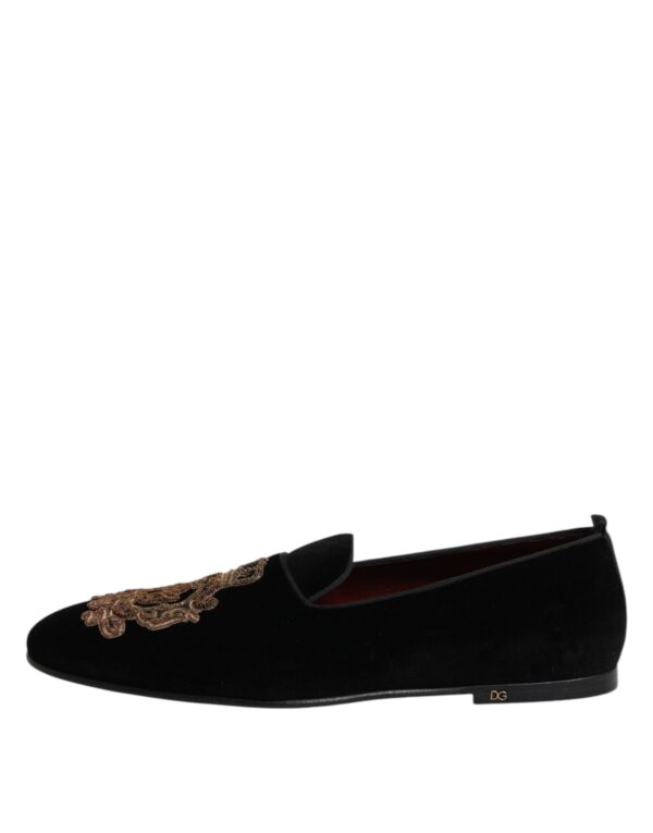 Dolce & Gabbana Black Velvet Gold Crown Mens Loafers Shoes – Image 6