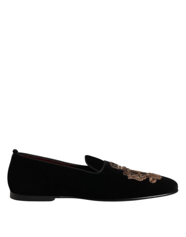 Dolce & Gabbana Black Velvet Gold Crown Mens Loafers Shoes – Image 7