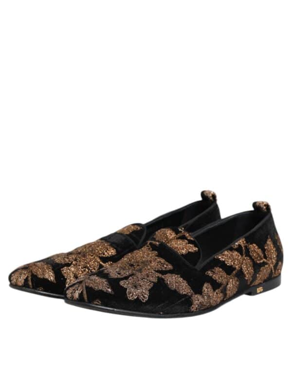 Dolce & Gabbana Black Floral Embroidery Men Loafers Shoes – Image 2