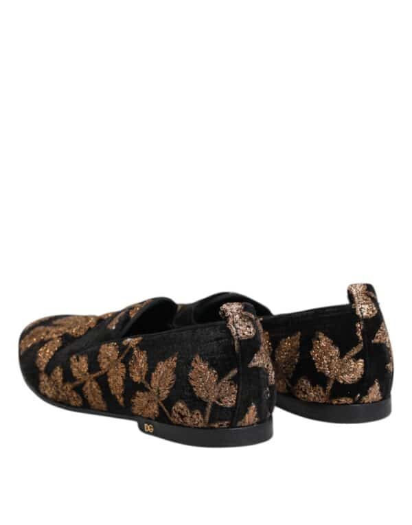 Dolce & Gabbana Black Floral Embroidery Men Loafers Shoes – Image 3