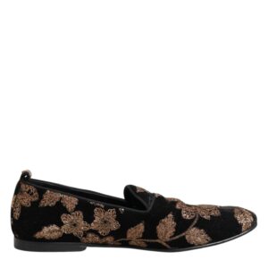 Dolce & Gabbana Black Floral Embroidery Men Loafers Shoes