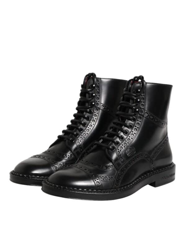 Dolce & Gabbana Black Leather Lace Up Mid Calf Boots Shoes – Image 4