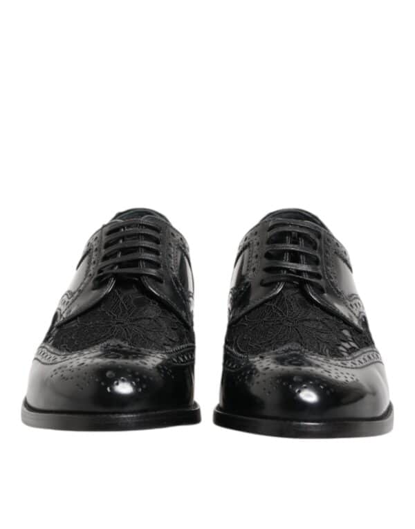 Dolce & Gabbana Black Leather Floral Lace Dress Formal Shoes – Image 3