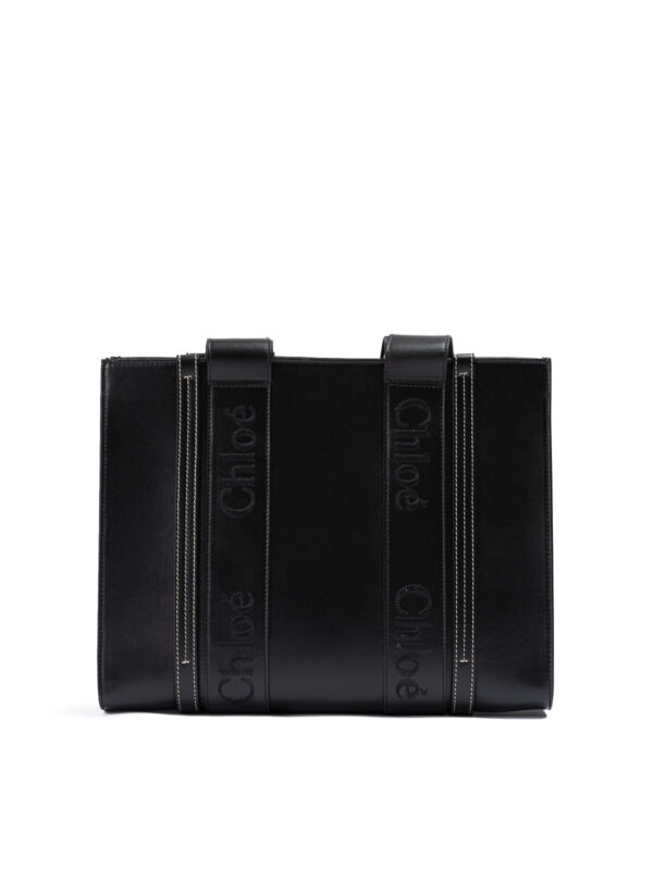 Chloé Black Woody Embroidered Logo Leather Medium Tote Bag – Image 2