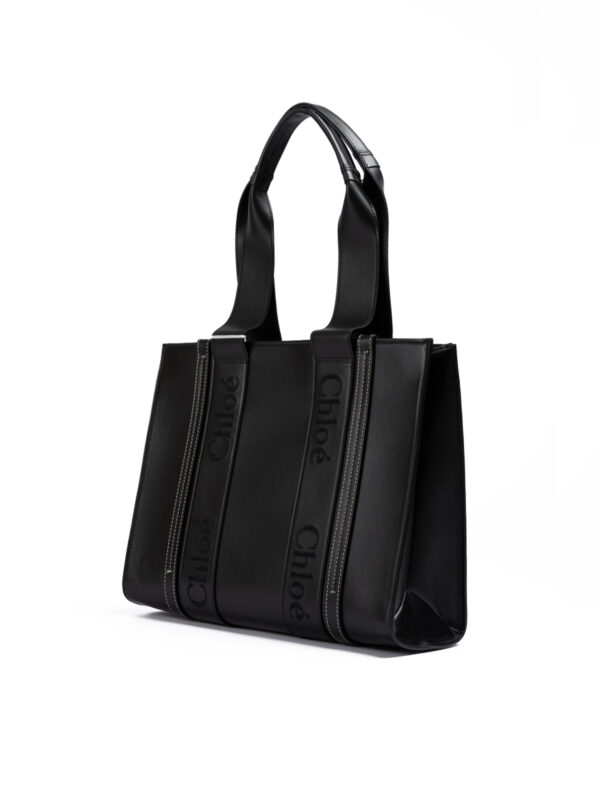 Chloé Black Woody Embroidered Logo Leather Medium Tote Bag – Image 3