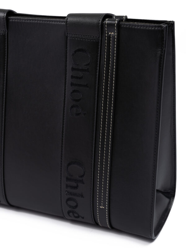Chloé Black Woody Embroidered Logo Leather Medium Tote Bag – Image 4