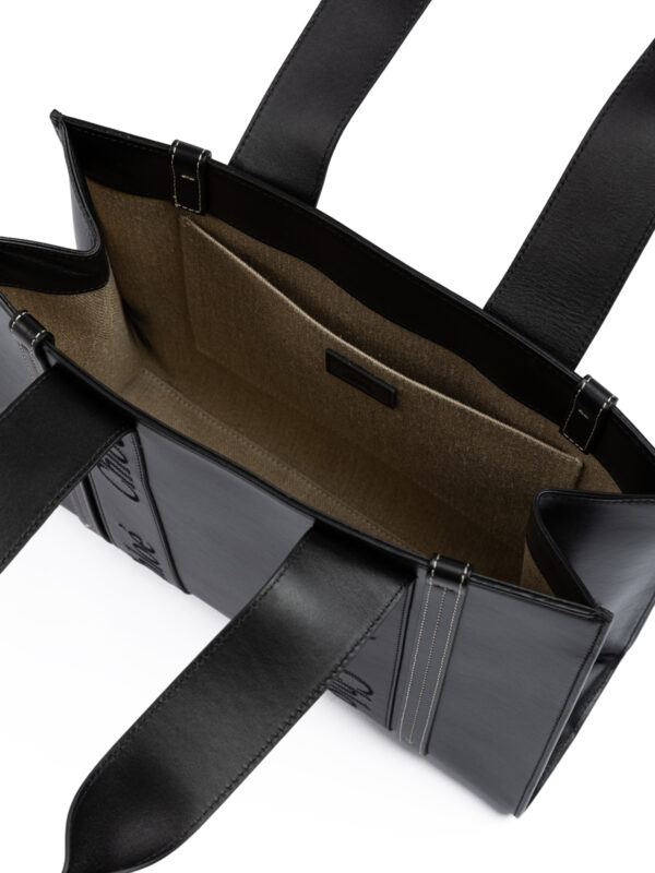 Chloé Black Woody Embroidered Logo Leather Medium Tote Bag – Image 5
